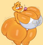 anthro big_breasts big_butt bottomless breasts butt clothed clothing female huge_breasts huge_butt huge_thighs hyper hyper_breasts hyper_butt simple_background solo thick_thighs yellow_body yellow_butt yoshuacomoyoshu five_nights_at_freddy's scottgames chica_(fnaf) avian bird chicken galliform gallus_(genus) phasianid absurd_res hi_res