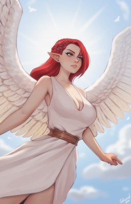 breasts clothed clothed_female clothed_humanoid clothing day female female_humanoid front_view hair not_furry outside pointy_ears red_hair sky solo sun wings personalami angel angel_humanoid elf humanoid 2025 digital_drawing_(artwork) digital_media_(artwork) hi_res