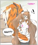 2017 after_transformation anthro areola big_tail breasts brown_hair chest_tuft clothing comic crotch_tuft felid female fluffbug fluffy fur gender_transformation girl_drake green_eyes hair hi_res mammal nipples orange_body orange_fur pantherine paws simple_background solo tail text tiger transformation tuft whiskers white_body white_fur