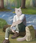 albino anthro backpack bottle clothing container detailed_background forest forest_background hiking khakis male nature nature_background plant realistic realistic_lighting realistic_shading river shirt solo t-shirt topwear tree water_bottle unknown_artist samson_(derpoomer) cougar felid feline mammal