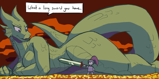 abstract_background anthro breasts convenient_censorship curvy_figure dialogue duo ear_fins female female_anthro fin green_body green_scales horn innuendo larger_female looking_back lying lying_on_ground male male/female melee_weapon non-mammal_breasts nude on_front on_ground presenting red_background scales side_view simple_background size_difference speech_bubble sword tail text thick_tail thick_thighs ventral_scales weapon coffaebeans deepest_sword mythology knight_(deepest_sword) long_the_dragon dragon human mammal mythological_creature mythological_scalie reptile scalie wingless_dragon digital_media_(artwork) english_text hi_res