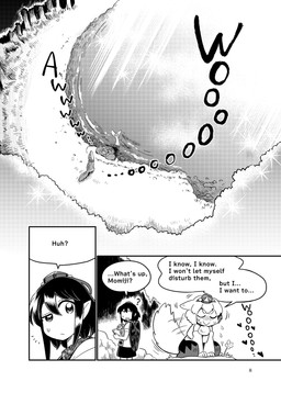 asian_clothing clothed clothing countershading dialogue duo east_asian_clothing female female/female feral fin fur head_fin howl japanese_clothing kemono looking_at_viewer multicolored_body multicolored_fur open_mouth speech_bubble split_form text white_body white_countershading bon_feather touhou kagerou_imaizumi momiji_inubashiri wakasagihime aquatic humanoid merfolk absurd_res comic english_text hi_res monochrome