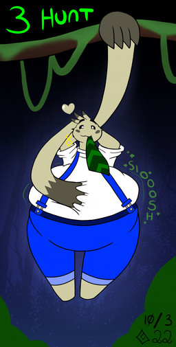 abdominal_bulge ambiguous_gender ambiguous_pred ambiguous_prey anthro anthro_pred belly big_belly blue_bottomwear blue_clothing blue_pants bottomwear brown_body brown_fur clothing clothing_in_mouth duo eyebrows fur healing_vore heart_above_head heart_symbol huge_belly inside_stomach kerchief oral_vore pants raised_eyebrows shirt smile sound_effects tan_body tan_fur text topwear vore white_clothing white_shirt white_topwear dezzykitsune voretober xenoblade_(series) nopon 2022 dated english_text hi_res