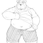 anthro belly bottomwear clothing humanoid_hands kemono male navel overweight overweight_male shirt shorts simple_background solo topwear white_background emufu canid canine canis domestic_dog mammal 1:1 2017 hi_res monochrome