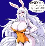 anthro areola areola_slip big_breasts blue_background breasts cleavage clothed clothing dress duo female feral fur hair huge_breasts no_underwear orange_clothing orange_dress red_eyes sideless_clothing sideless_dress simple_background speech_bubble text white_body white_fur white_hair lewdamone one_piece carrot_(one_piece) sulong_carrot humanoid lagomorph leporid mammal rabbit digital_media_(artwork) english_text hi_res shaded