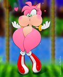 2022 absurd_res amy_rose anthro big_breasts black_nose breasts clothing eulipotyphlan female footwear genitals gloves green_eyes green_hill_zone handwear heart_symbol hedgehog hi_res hyperflannel looking_down mammal navel nipples outside pink_bosy pussy sega shoes small_waist smile solo sonic_the_hedgehog_(series) standing white_clothing white_gloves white_handwear wide_hips
