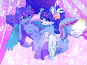 accessory anthro anus bath bathtub breast_squish breasts bubble bubble_bath butt dipstick_tail duo feathered_wings feathers female female/female flower flower_in_hair fluffy fluffy_tail genitals hair hair_accessory inner_ear_fluff licking licking_lips looking_at_viewer markings multicolored_tail nipples plant self_lick side_boob sparklefur squish tail tail_markings tongue tongue_out tuft two_tone_tail vulva wings lits estelle_diamond stella_woodworth canid canine felid mammal 2016 4:3 purple_theme