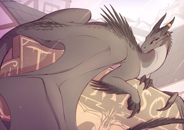 4_horns ambiguous_feral ambiguous_gender back_spines bedroom_eyes big_wings building claws countershade_neck countershade_scales countershading eyebrows feral fingerless_(marking) gold_ring grey_body grey_countershading grey_scales head_spines horn horn_jewelry horn_ring house jewelry leg_spines long_tail looking_at_viewer low-angle_view lying membrane_(anatomy) membranous_wings multi_horn narrowed_eyes on_side outside pupils quadruped raised_eyebrow ring_(jewelry) scales seductive side_view sign slit_pupils smile solo spines spread_wings tail tail_spines text wing_claws wings yellow_sclera lizet mythology lizet_(character) dragon gilded_dragon mythological_creature mythological_scalie scalie 2023 artist_name dated digital_media_(artwork) english_text shaded female_(lore)
