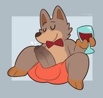 alcohol anthro beverage bottomwear bow_tie bulge clothing container cup drinking_glass eyes_closed foreskin genitals glass glass_container glass_cup male penis shorts simple_background smile solo spread_legs spreading thick_penis wine wine_glass birdvian facebook facebook_stickers facebook_fox canid canine fox mammal hi_res