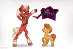 badge cutie_mark duo eyebrows green_eyes hooves male on_hind_legs open_mouth orange_body red_body scared simple_background white_background young cerchionero hasbro mlp_g5 my_little_pony sprout_cloverleaf_(mlp) earth_pony equid equine horse mammal pony 2021 digital_media_(artwork)