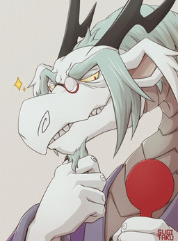 anthro elderly eyewear facial_hair glasses goatee hair horn kemono male mature_anthro mature_male mirror scales solo sparkles white_body white_scales sugitaku asian_mythology east_asian_mythology little_witch_academia mythology studio_trigger fafnir_(little_witch_academia) dragon eastern_dragon mythological_creature mythological_scalie scalie portrait