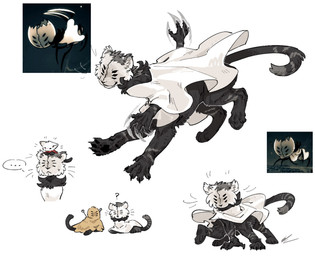 6_eyes ambiguous_gender black_body black_fur cheek_tuft claws clothed clothing dress ellipsis facial_tuft feral fur group mouth_closed multi_eye multi_limb open_mouth open_smile pawpads paws pose question_mark red_clothing simple_background smile speech_bubble tail trio tuft white_background white_body white_clothing white_dress white_fur aaasakawa hollow_knight:_silksong hollow_knight_(franchise) team_cherry first_sinner hornet_(hollow_knight) widow_(hollow_knight:_silksong) arachnid arthropod felid feline mammal taur weaver_(hollow_knight) 2026 hi_res female_(lore)