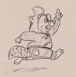 3_toes 4_fingers anthro bottomwear cheek_tuft clothing cross eyewear facial_markings facial_tuft fangs feet fingers glasses head_markings head_tuft hoodie male markings mask_(marking) pants running solo striped_markings striped_tail stripes tail tail_markings teeth toes topwear tuft whiskers adriano_berjillos fan_character mammal procyonid raccoon hi_res