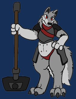 anthro armor clothed clothing female fur hammer looking_at_viewer maul melee_weapon multi_nipple nipples red_eyes solo tools warrior weapon trout_(artist) canid canine canis domestic_dog mammal wolf 2017 aliasing alpha_channel digital_media_(artwork)