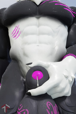 abs animal_genitalia anthro big_penis black_body bodily_fluids close-up fully_sheathed genital_fluids genitals male muscular muscular_male penis penis_grab precum purple_penis scar scars_all_over sheath solo white_body golem_(artist) petruz_(modeler) corey_flos bear giant_panda mammal hi_res