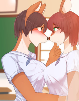 anthro blush breast_squish breasts breasts_frottage classroom clothed clothing duo eye_contact female female/female fur hair imminent_kiss inside looking_at_another monotone_hair open_mouth school side_view smile squish topwear denyfake chika_(denyfake) hana_(denyfake) deer mammal 2018 absurd_res hi_res