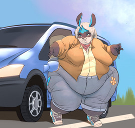 anthro belly belly_overhang belly_tuft big_belly big_breasts big_butt biped black_body black_fur blue_body blue_fur bottomwear breasts butt clothed clothing collared_shirt denim denim_bottomwear denim_clothing denim_shorts dress_shirt female flabby_arms footwear front_view fully_clothed fur green_eyes hair high_waisted_bottomwear huge_breasts huge_thighs medium_truck morbidly_obese morbidly_obese_anthro morbidly_obese_female obese obese_anthro obese_female open_mouth outside overweight overweight_anthro overweight_female pants shirt shoes short_hair shorts simple_background smile solo standing thick_thighs topwear truck tuft van vehicle white_body white_fur white_hair wide_hips sooftly mercedes-benz lagomorph mammal 2021 absurd_res digital_drawing_(artwork) digital_media_(artwork) hi_res shaded