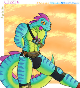 abs anthro ball_bulge biped blue_body blue_scales bottomwear bulge clothed clothing detailed_bulge fanny_pack front_view green_body green_scales hands_behind_back hotpants knee_brace long_tail looking_at_viewer male markings muscular muscular_anthro muscular_arms muscular_male orange_background orange_eyes pecs pose pupils sash scales shorts simple_background skimpy slit_pupils smile solo spiked_tail spikes spikes_(anatomy) standing striped_markings stripes tail text tongue tongue_out topless topless_anthro topless_male some_shiba epic_games fortnite lizzik_(fortnite) lizard reptile scalie 2024 artist_name character_name colored english_text hi_res