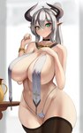 2024 5:8 5_fingers big_breasts breast_curtains breasts clothed clothing digital_media_(artwork) eyebrows female fingers green_eyes hair hi_res horn horned_humanoid huge_breasts humanoid humanoid_pointy_ears legwear looking_at_viewer sana!rpg skimpy solo thick_thighs