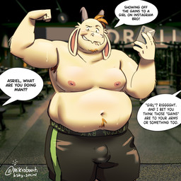 after_exercise anthro armpit_hair athletic_wear balls barazoku belly belly_hair big_balls big_belly bodily_fluids body_hair bottomwear bulge clothed clothing deep_navel detailed_bulge electronics facial_hair flexing flexing_bicep genitals gym gym_bottomwear gym_shorts gym_shorts_only holding_object holding_phone horn long_ears male moobs musclegut muscular navel nervous nervous_smile nipples offscreen_character overweight overweight_anthro overweight_male phone selfie shorts solo speech_bubble sweat sweaty_belly teasing text topless topless_male mikrogoat undertale undertale_(series) asriel_dreemurr boss_monster_(undertale) bovid caprine goat mammal 1:1 2026 english_text hi_res