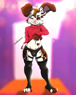 anthro belly bite biting_lip blush brown_body bulge clothing ears_down femboy heart_symbol legwear looking_at_viewer male navel pivoted_ears red_eyes solo stockings sweater tan_body topwear underwear thisbunyhos caramel_(thisbunyhos) lagomorph leporid mammal rabbit absurd_res hi_res