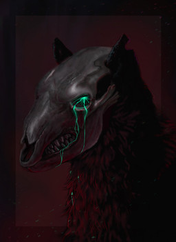 ambiguous_fluids ambiguous_gender black_body black_fur bone border fur neck_tuft simple_background skull skull_head solo teeth tuft unsigned himeragoldtail mammal species_request bust_portrait hi_res portrait