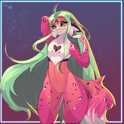 3_eyes andromorph anthro blonde_highlights cheek_tuft dipstick_tail eyewear facial_tuft fur genitals glasses green_hair hair highlights_(coloring) inner_ear_fluff intersex looking_at_viewer markings multi_eye nude pink_body pink_nose pink_tail purple_eyelids simple_background smile solo tail tail_markings thick_thighs tuft vulva white_inner_ear_fluff white_tail_tip wide_hips tuesday_after_dark sami_kane domestic_cat felid feline felis mammal 1:1 absurd_res digital_media_(artwork) hi_res