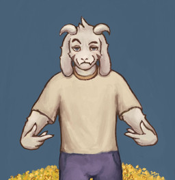 anthro black_body black_fur blue_eyes bottomwear clothed clothed_anthro clothed_male clothing ears_down flower fur gesture hand_gesture horn looking_at_viewer male pants pivoted_ears plant pointing pointing_at_self shirt smile smiling_at_viewer solo topwear white_body white_fur reynard_goodfellow undertale undertale_(series) asriel_dreemurr bovid caprine goat mammal