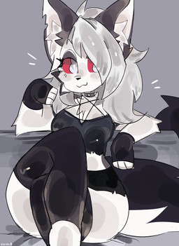 :3 anthro black_bottomwear black_clothing black_legwear black_nose black_shorts black_stockings bottomwear cheek_tuft chest_tuft clothing collar crop_top eyelashes facial_tuft female fur grey_markings hair inner_ear_fluff legwear long_hair looking_at_viewer markings red_sclera shirt shorts sitting smile solo spiked_collar spikes stockings tail topwear tuft white_body white_eyes white_fur uovo hellaverse helluva_boss mythology loona_(helluva_boss) canid canid_demon canine demon hellhound mammal mythological_canine mythological_creature colored colored_sketch digital_drawing_(artwork) digital_media_(artwork) hi_res shaded sketch