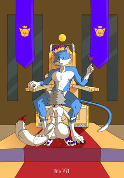 alcohol anthro banner beverage big_butt blue_body blue_fur butt chair chest_tuft container crown cup drinking_glass duo fellatio female fur furniture glass glass_container glass_cup grey_hair hair headgear heart_symbol looking_at_viewer machine male male/female muscular muscular_male nipples oral penile presenting red_carpet sex size_difference throne tuft white_body window wine wine_glass 10ne-v alexa_(10ne-v) canid canine domestic_cat felid feline felis fox living_machine mammal robot absurd_res hi_res