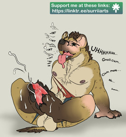 animal_genitalia animal_penis anthro autofootjob balls black_eyes black_nose bodily_fluids brown_body brown_fur canine_genitalia canine_penis claws clothing cum cum_on_feet cum_on_self cumshot dialogue drooling dull_eyes ejaculation erection eyewear feet foot_fetish foot_play fur fur_growth genital_fluids genitals glasses growth human_to_anthro identity_death intelligence_loss male markings masturbation mid_transformation mind_alteration moan muscular muscular_anthro muscular_male nipples nude nude_anthro nude_male pawpads paws pecs penis saliva sharp_teeth simple_background sitting solo species_transformation spots spotted_markings tail tan_body tan_fur teeth text torn_clothing transformation wearing_glasses surrii gnoll hyena mammal 2026 digital_drawing_(artwork) digital_media_(artwork) english_text hi_res