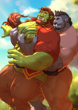 areola beard big_muscles big_pecs black_hair blue_eyes body_hair bottomwear brown_eyes bulge chest_hair chest_tattoo clothed clothing detailed_bulge duo facial_hair genital_outline green_areola green_body green_nipples green_skin grey_body grey_skin hair hairy male male/male muscular muscular_humanoid muscular_male nipples not_furry open_clothing open_shirt open_topwear orange_hair outside pants pec_grab pecs penis_outline shirt tattoo topwear tusks grisser boz_(theorcbard) humanoid orc 2023 absurd_res alternate_version_at_source hi_res