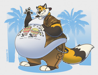 anthro backwards_baseball_cap backwards_hat baseball_cap belly belly_jiggle big_belly biped brown_body brown_fur chubby_cheeks claws clothed clothing dipstick_tail double_chin feet fingerless_(marking) fingerless_gloves_(marking) fur gesture gloves_(marking) grin hat headgear headwear huge_belly jiggling looking_at_viewer love_handles male markings moobs motion_lines obese obese_anthro obese_male orange_body orange_fur overweight overweight_anthro overweight_male palm_tree plant print_clothing print_shirt print_topwear shirt smile solo standing tail tail_markings teeth text toeless_(marking) topwear tree waving waving_at_viewer white_body white_fur wide_hips texansoda texansoda_(character) canid canine fox mammal 2023 artist_name dated english_text hi_res