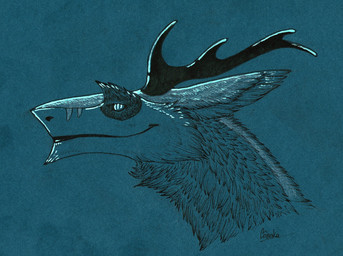 ears_back fur horn looking_forward male pivoted_ears smile solo sovaka sergal 2016 signature toned_paper traditional_media_(artwork)