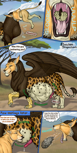 belly big_belly black_nose black_tail_tip blue_eyes bodily_fluids brown_body brown_eyes brown_fur brown_spots brown_wings claws cum dialogue digestion dipstick_tail erection eyes_closed female feral fur genital_fluids genitals group hairball head_first male male_pred male_prey markings oral_vore orange_body penis plant rumbling_stomach speech_bubble spots struggling struggling_prey tail tail_markings talking_feral text tongue tree trio vomiting vore whiskers white_body white_claws white_fur white_legs white_tail wings dragonczech mythology avian felid gryphon lion mammal mythological_avian mythological_creature pantherine 2025 absurd_res comic english_text hi_res