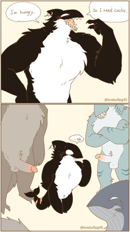 anthro balls big_penis biped black_body black_fur blue_body blue_fur blush brown_body brown_fur crossed_arms dialogue erection fur genitals glans group humanoid_genitalia humanoid_penis male muscular muscular_anthro muscular_male nude_anthro nude_male penis scar tail_scar text two_panel_image white_body white_fur lovebuffpg45 cetacean dolphin fish furred_dolphin furred_shark mammal marine oceanic_dolphin orca shark toothed_whale 2025 9:16 comic english_text hi_res