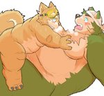 anthro black_nose blush duo fur green_body green_fur grope kemono male male/male moobs overweight overweight_male simple_background sitting white_background hottophoto lifewonders live_a_hero mokdai procy canid canine canis domestic_dog mammal 2021 hi_res