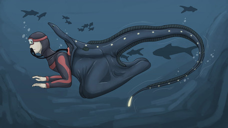 black_body black_clothing black_suit black_tail clothing duo eyewear feet_first feral feral_pred goggles human_prey red_eyewear red_goggles scuba_gear suit tail underwater vore water yellow_light akaikosh aquatic eel fish gulper_eel human mammal 16:9 2019 widescreen