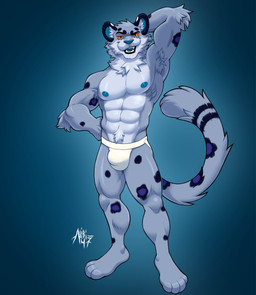 abs anthro arm_tuft armpit_hair belly_tuft biceps black_stripes blue_background blue_body blue_fur blue_inner_ear blue_nose blue_spots body_hair bulge clothed clothing deltoids detailed_bulge elbow_tuft fist forearm_muscles front_view fur gradient_background grey_body grey_fur hand_behind_head hand_on_hip inner_ear_fluff jockstrap jockstrap_only leopard_spots male male_anthro mostly_nude_male muscular muscular_male navel_tuft open_mouth paws pecs quads raised_arm red_eyes serratus simple_background smile solo spots standing stripes teeth topless tuft underwear underwear_only white_body white_fur white_inner_ear_fluff alibi_47 felid mammal pantherine snow_leopard digital_media_(artwork) full-length_portrait hi_res portrait shaded