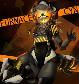 demon_engine female glowing glowing_eyes glowing_mouth hazard_stripes machine solo thick_thighs wide_hips fnafkat glitch_productions murder_drones cyn_(murder_drones) daemon_engine humanoid monster robot hi_res