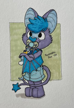 anthro clothing feet fluffy hair male messy_hair overalls pacifier shortalls smile solo tail wings young rockwellfox bluey_(series) felix_(crinklebat) bat mammal
