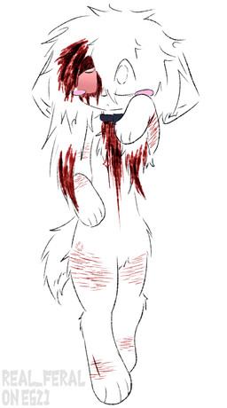 ambiguous_gender anthro blood blood_on_face bloodshot_eyes blush blush_lines blush_stickers bodily_fluids chest_tuft collar cultist curious emo_haircut floppy_ears fluffy_thighs fur gore hair lazy_eye messy_hair paws raised_paw scar self-harm self-harm_scars shock_collar short_tail solo tail tuft white_body white_fur real_feral preychan felid feline mammal distracting_watermark hi_res watermark