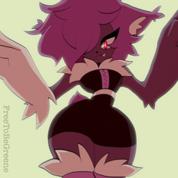 anthro arm_tuft black_nose brown_body brown_fur clothed clothing curvy_figure cute_fangs ear_tuft elbow_tuft eyelashes fangs female fully_clothed fur green_background hair hair_over_eye looking_at_viewer one_eye_obstructed purple_ears purple_hair red_eyes simple_background smile solo teeth text thick_thighs tuft freetobegreene felid feline mammal 1:1 2020 archived_source artist_name digital_media_(artwork) hi_res