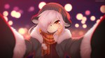 16:9 anthro clothed clothing digital_media_(artwork) eipril female fur hair happy headgear headwear hi_res holidays mammal mustelid musteline new_year smile solo stoat true_musteline weasel white_body white_fur white_hair wholesome widescreen winter_clothing yue_(eipril)