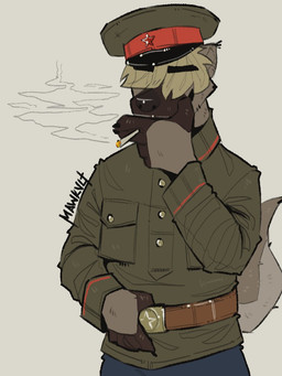 anthro belt blonde_hair cigarette cigarette_in_mouth cigarette_smoke clothing communism ears_up hair hair_over_eyes hand_on_belt hat headgear headwear male nkvd object_in_mouth politics red_star russian smoke solo soviet_union tail wearing_hat mawkvlt trofim_wolverine_(mawkvlt) gulonine mammal mustelid musteline wolverine 3:4 hi_res