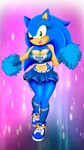 absurd_res anthro blue_body cheerleader cheerleading_pose crossgender english_text eulipotyphlan female front_view green_eyes hedgehog hi_res lipstick logo looking_at_viewer makeup mammal mtf_crossgender multicolored_body pose sega smile smiling_at_viewer solo sonic_the_hedgehog sonic_the_hedgehog_(series) text the_knight