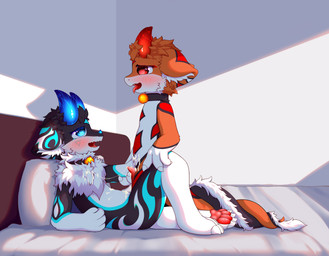 blue_horn blush bodily_fluids chest_tuft collar cum cum_on_self cum_string duo entwined_tails female fur genital_fluids horn inner_ear_fluff kemono male male/female pivoted_ears red_horn tail tail_coil tongue tongue_out tuft bulletproof-kitty mythology dragon furred_dragon furred_scalie humanoid mythological_creature mythological_scalie scalie absurd_res hi_res