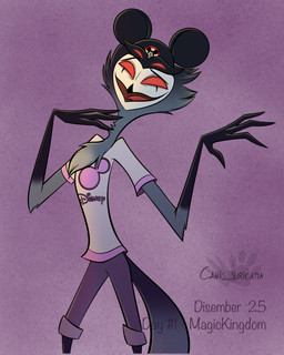 anthro beak bottomwear chest_tuft clothing disney_logo feathers hat headgear headwear male mickey_mouse_ears multi_eye open_mouth pants red_eyes shirt smile solo t-shirt tail tail_feathers text tongue topwear tuft atimon disney hellaverse helluva_boss stolas_(helluva_boss) avian demon 2025 4:5 hi_res signature