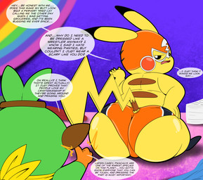 anthro big_butt biped butt butt_cleavage cloth clothing cosplay_pikachu_(costume) dialogue duo footwear gesture hand_gesture hand_on_hip inside kerchief looking_back male mask panties paper pride_color_flag rear_view shoes sitting sitting_on_ground sports_mask sportswear tail talking_to_another text thick_thighs thumbs_up turning_head underwear wrestling_mask tepigfan101 nintendo pokemon calvin_(tepigfan101) casey_(tepigfan101) pikachu_libre generation_1_pokemon generation_8_pokemon grookey pikachu pokemon_(species) absurd_res english_text hi_res