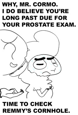 ambiguous_gender anthro bodily_fluids duo male nervous prostate_exam simple_background sweat text white_background disney pack_street zootopia anon remmy_cormo bovid caprine domestic_sheep mammal sheep black_and_white english_text hi_res monochrome
